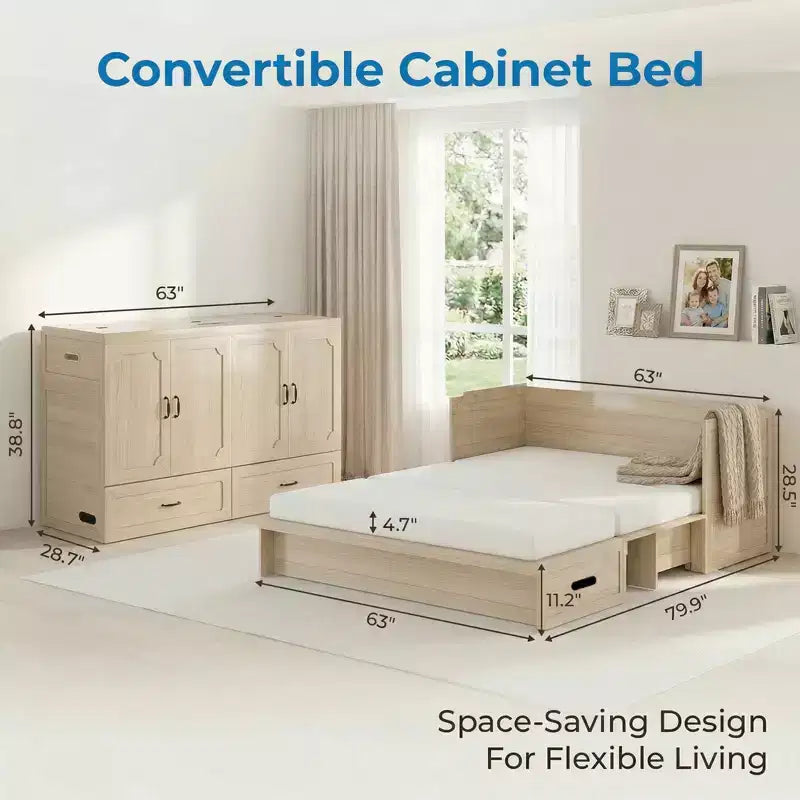 Letto a scomparsa matrimoniale Mjkone con materasso, ricarica USB, cassetti portaoggetti