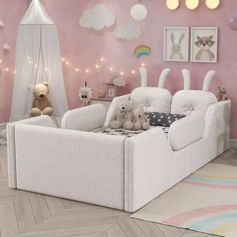 Whisen Twin - Letto a piattaforma, Letto imbottito da pavimento per bambini con cuscino a coniglio, Sponde laterali rimovibili