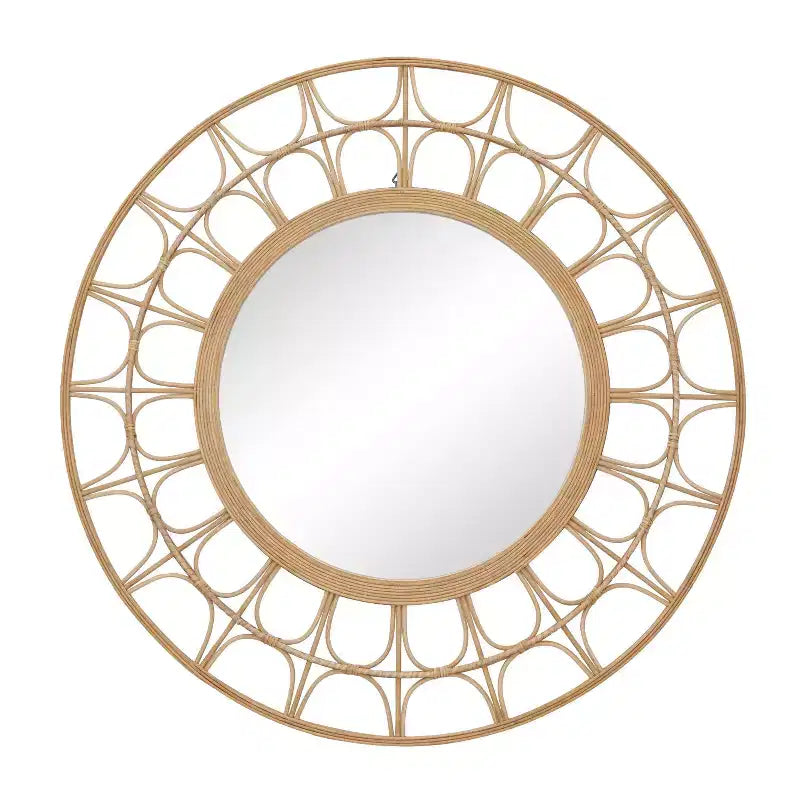35" Round Bohemian Bamboo Starburst Wall Mirror – Brown Geometric Frame