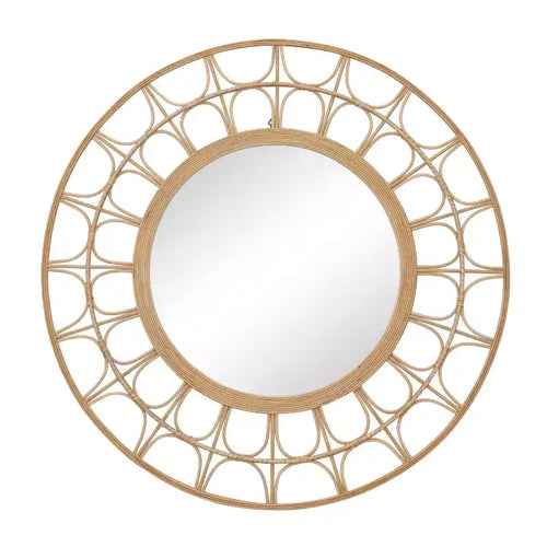 Specchio da parete rotondo bohémien a raggiera in bambù da 35" – Cornice geometrica marrone