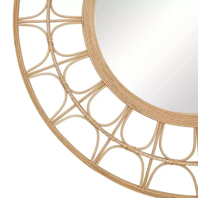Specchio da parete rotondo bohémien a raggiera in bambù da 35" – Cornice geometrica marrone