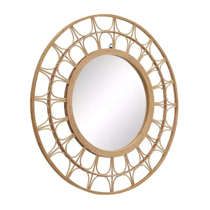 Specchio da parete rotondo bohémien a raggiera in bambù da 35" – Cornice geometrica marrone