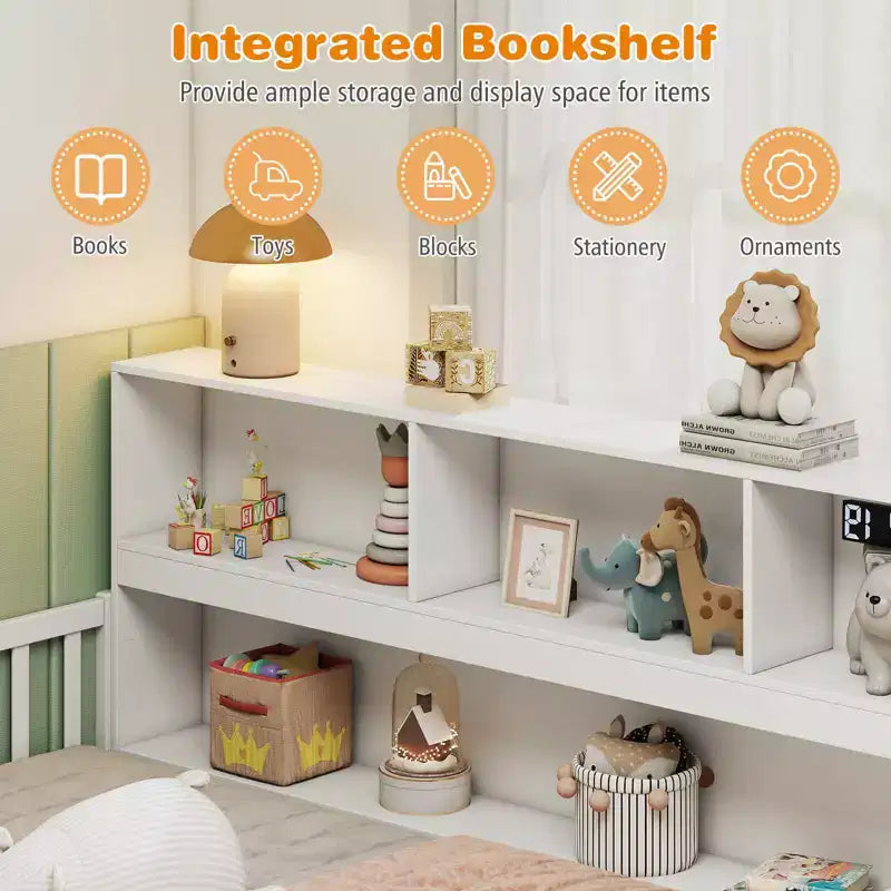 Lit de sol Montessori double/complet avec étagères de rangement et barrières de sécurité Blanc/Gris