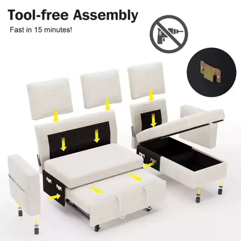 Divano Letto Estraibile 2 in 1 con Chaise Longue Contenitore, Divano Componibile in Ciniglia con Porte USB per Soggiorno