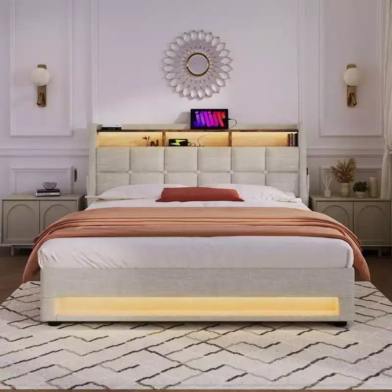 Letto Queen Size con Contenitore Idraulico, LED, USB, Testiera Imbottita, Nessuna Rete a Molle, Facile Montaggio