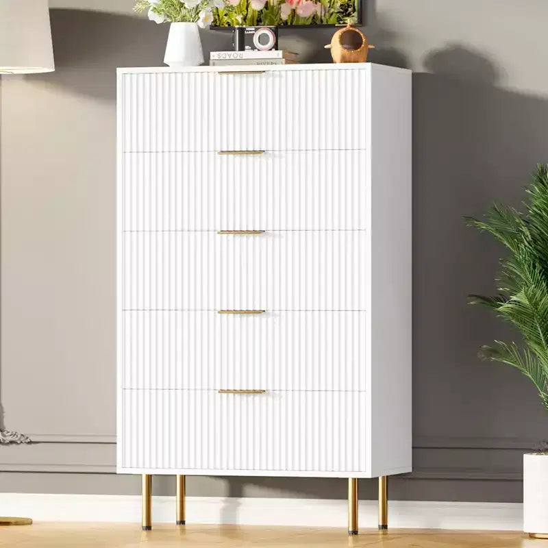 Comò a 5 cassetti bianco / marmo e legno – Pannello scanalato, per uso singolo