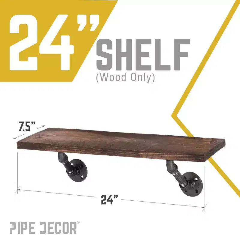 24" Reclaimed Pine Wood Shelf – Trail Brown Stain, Wire-Brushed Distressed Finish, Sold Individually