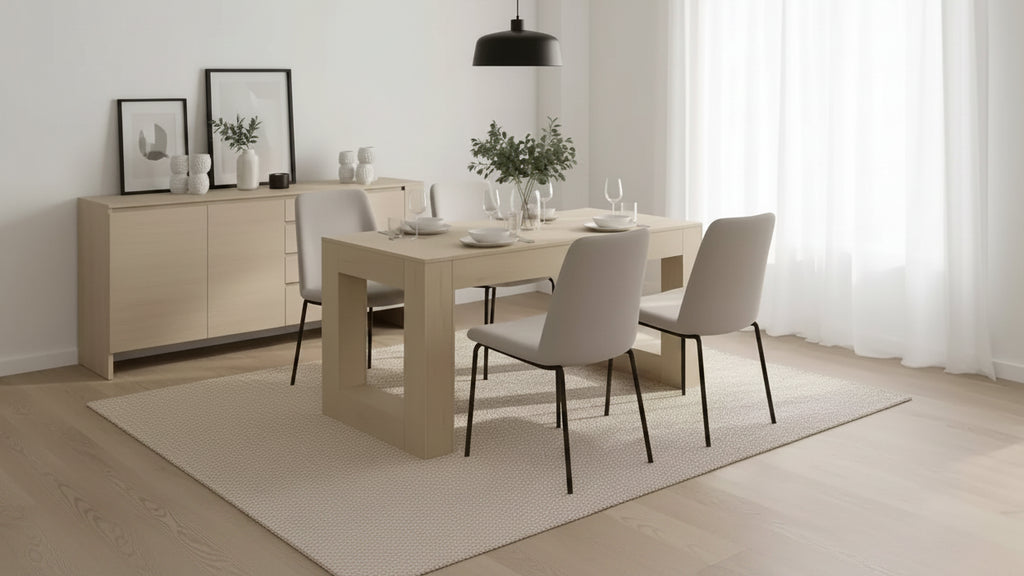 Homy Casa 63 Rectangular Dining Table with Solid Form Base, Natural Oak, Seats 46