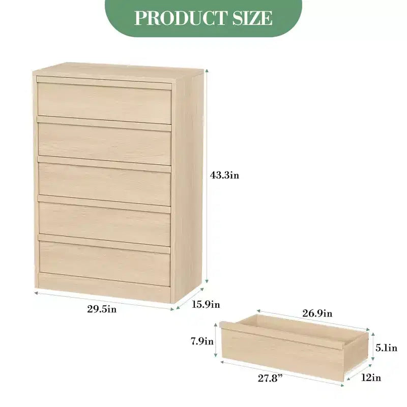 Modern Tall 5-Drawer Dresser – Natural Oak, 29.5"Lx15.9"Wx43.3"H, Smooth-Glide Drawers