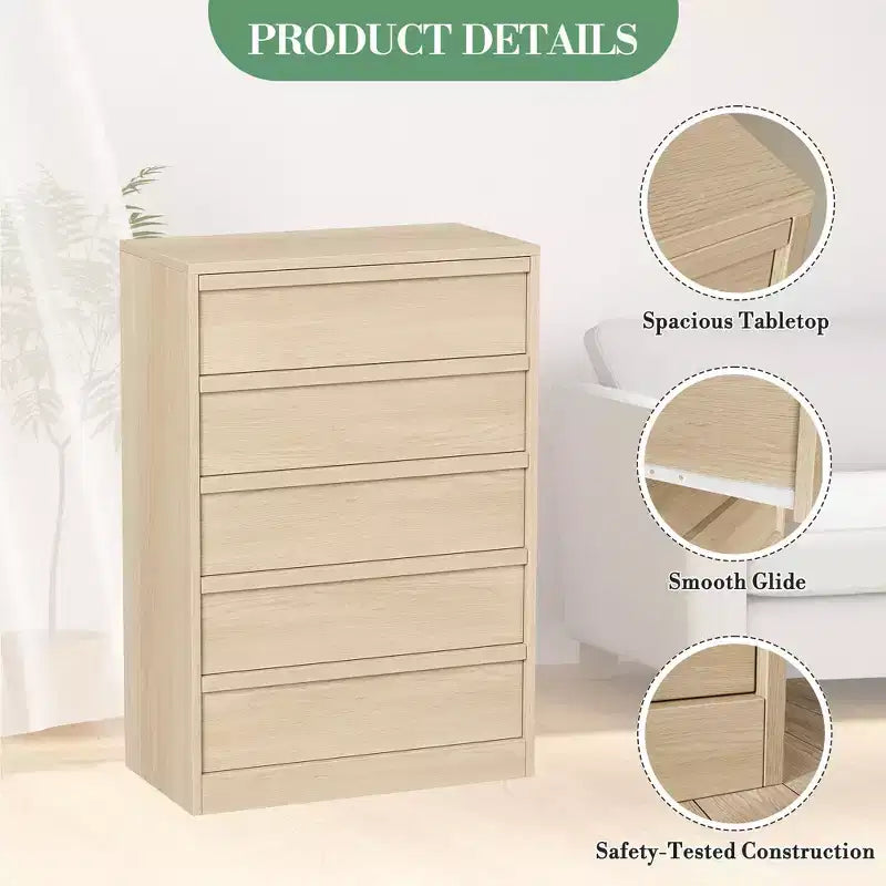 Modern Tall 5-Drawer Dresser – Natural Oak, 29.5"Lx15.9"Wx43.3"H, Smooth-Glide Drawers