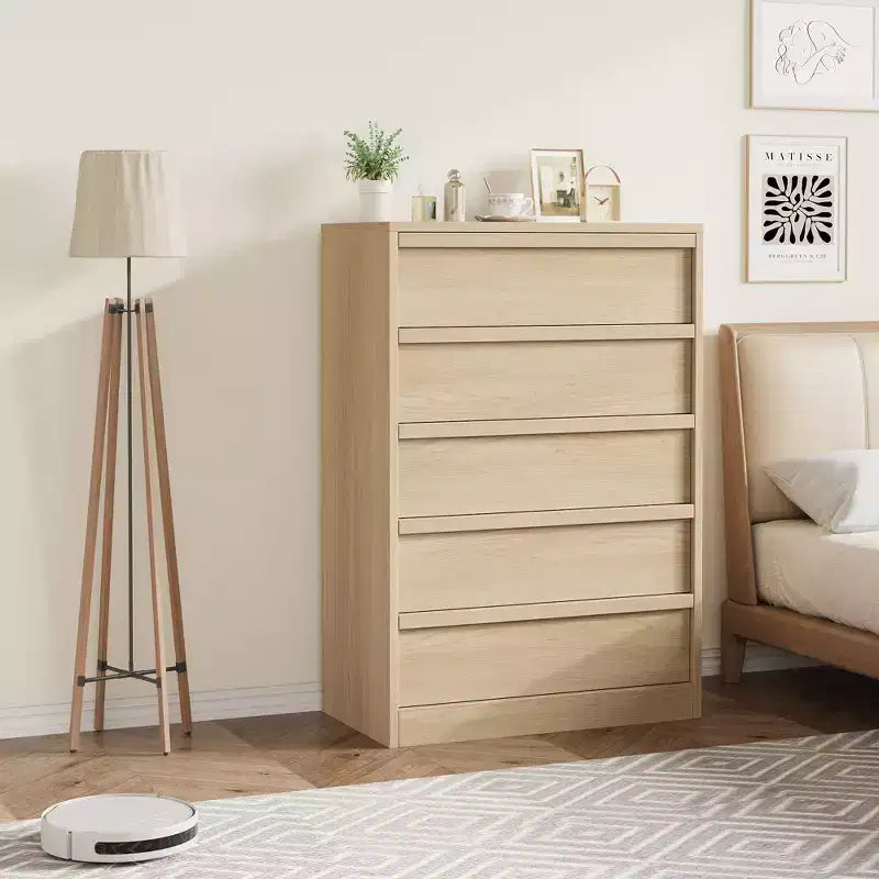 Modern Tall 5-Drawer Dresser – Natural Oak, 29.5"Lx15.9"Wx43.3"H, Smooth-Glide Drawers