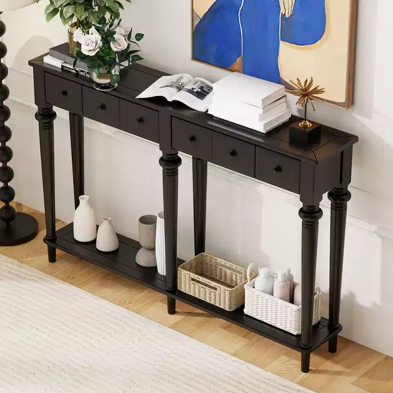 Retro Narrow Console Table with 4 Drawers & Open Shelves – 59.8"D x 11"W x 34"H, Black MDF