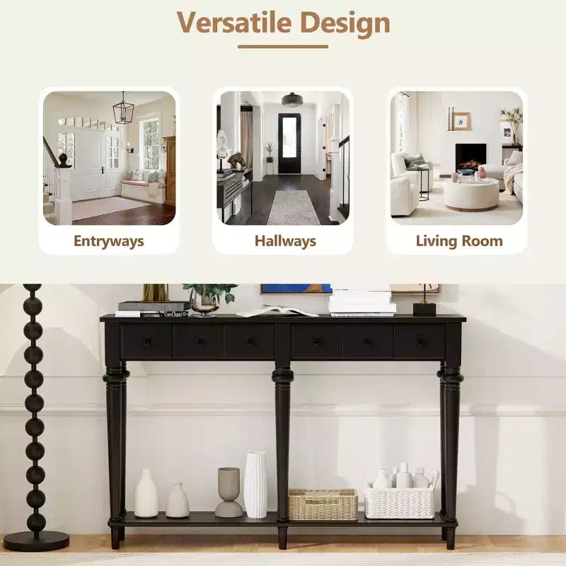Consolle retrò stretta con 4 cassetti e ripiani aperti – 151,9 cm P x 27,9 cm L x 86,4 cm A, MDF nero