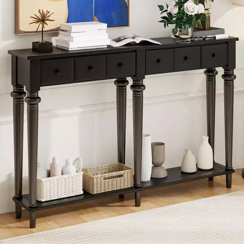 Retro Narrow Console Table with 4 Drawers & Open Shelves – 59.8"D x 11"W x 34"H, Black MDF