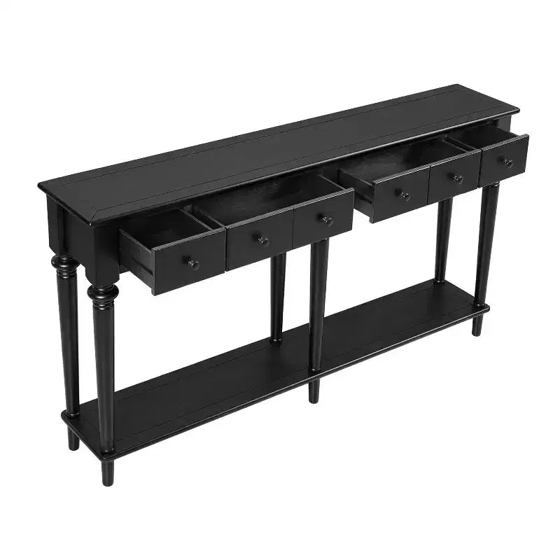 Consolle retrò stretta con 4 cassetti e ripiani aperti – 151,9 cm P x 27,9 cm L x 86,4 cm A, MDF nero