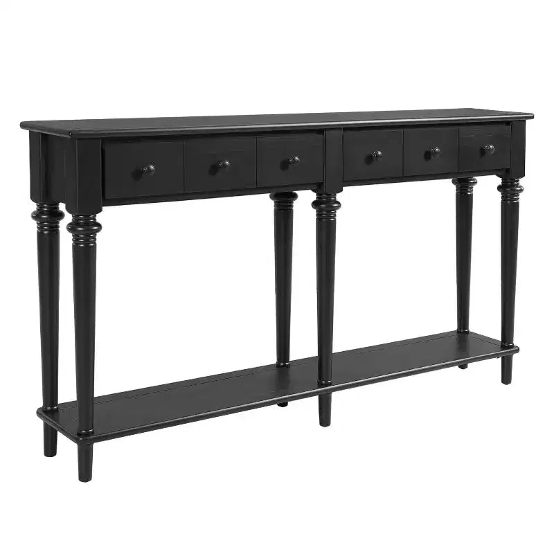 Consolle retrò stretta con 4 cassetti e ripiani aperti – 151,9 cm P x 27,9 cm L x 86,4 cm A, MDF nero