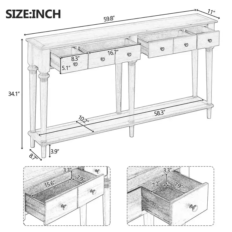 Consolle retrò stretta con 4 cassetti e ripiani aperti – 151,9 cm P x 27,9 cm L x 86,4 cm A, MDF nero