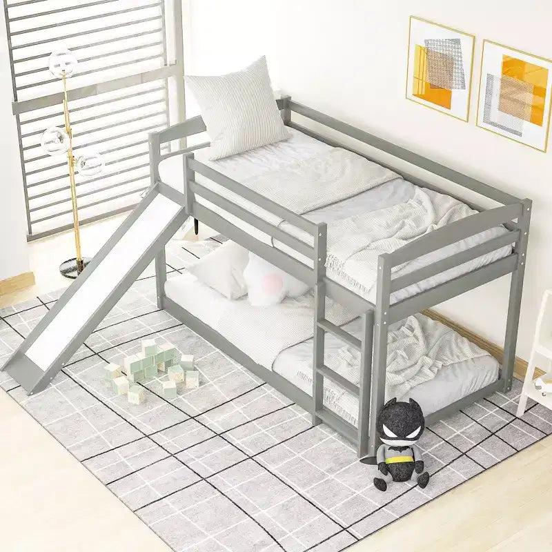 Twin-Over-Twin Kids Bunk Bed with Slide, Ladder & Safety Guardrail – Pine/MDF, 79.3"D x 84.4"W x 46.5"H, Gray