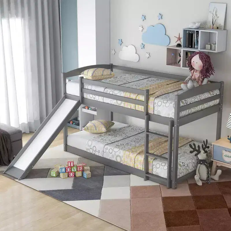 Twin-Over-Twin Kids Bunk Bed with Slide, Ladder & Safety Guardrail – Pine/MDF, 79.3"D x 84.4"W x 46.5"H, Gray