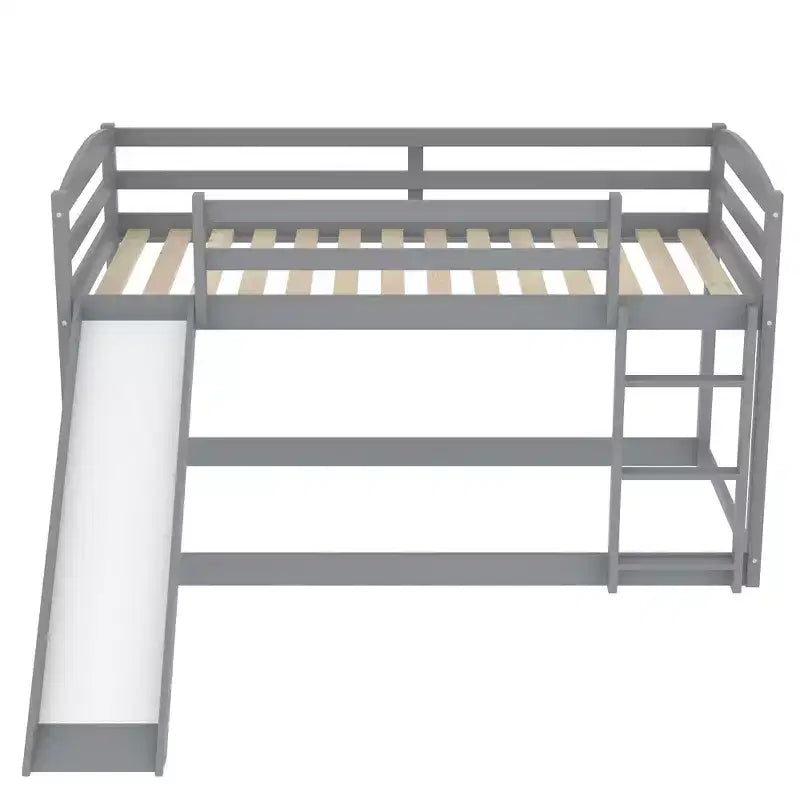 Letto a castello per bambini Twin-Over-Twin con scivolo, scaletta e sponda di sicurezza – Pino/MDF, 79.3"P x 84.4"L x 46.5"A, Grigio