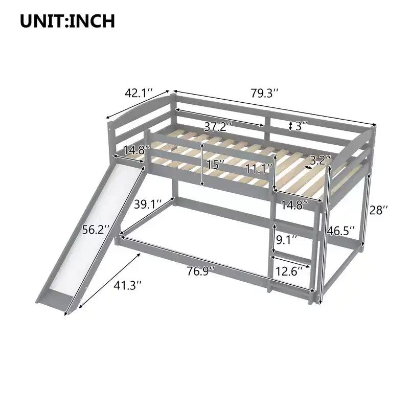 Letto a castello per bambini Twin-Over-Twin con scivolo, scaletta e sponda di sicurezza – Pino/MDF, 79.3"P x 84.4"L x 46.5"A, Grigio
