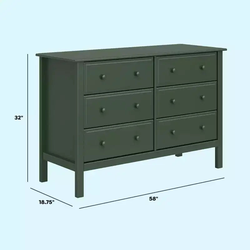 6-Drawer Double Wide Dresser – Pine Wood, 48"Dx18.75"Wx32"H, GREENGUARD Gold Certified
