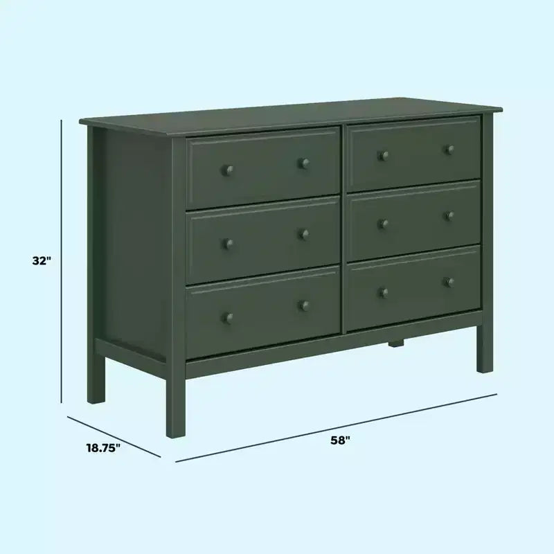 6-Drawer Double Wide Dresser – Pine Wood, 48"Dx18.75"Wx32"H, GREENGUARD Gold Certified