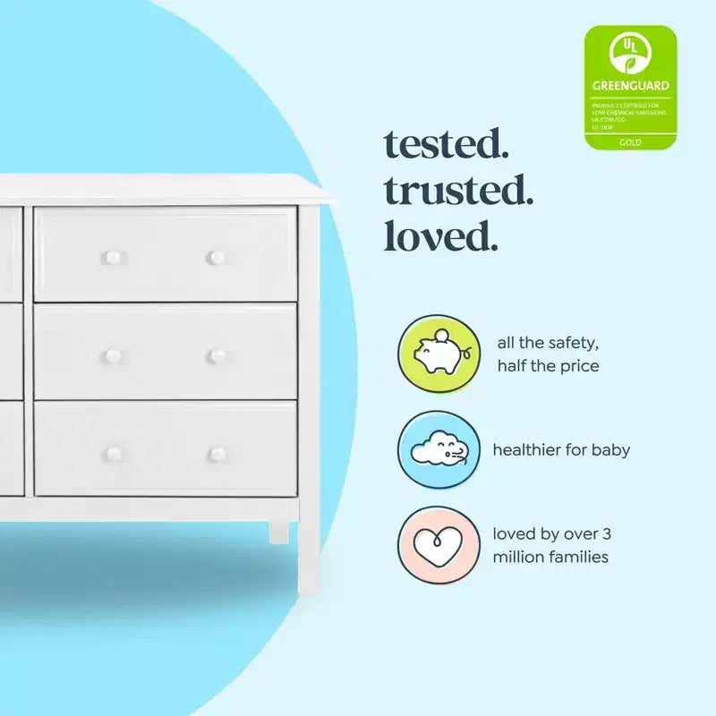 6-Drawer Double Wide Dresser – Pine Wood, 48"Dx18.75"Wx32"H, GREENGUARD Gold Certified