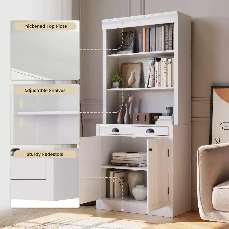 Libreria a 5 ripiani con ante e cassetto, libreria alta 180 cm per casa, ufficio e soggiorno