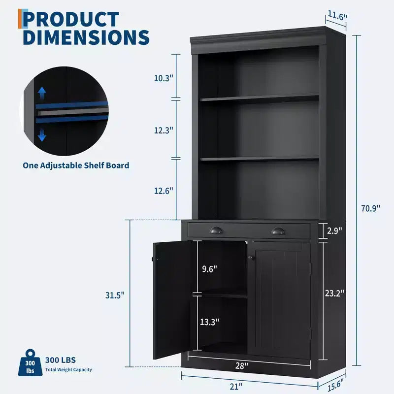 5-Tier Bookcase with Doors and Drawer, 70.9 Inch Tall Bookshelf for Home Office and Living Room