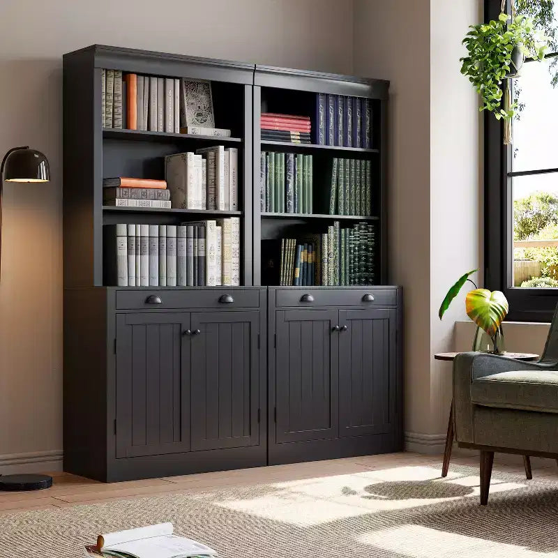 Libreria a 5 ripiani con ante e cassetto, libreria alta 180 cm per casa, ufficio e soggiorno