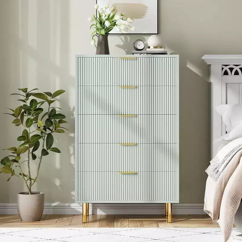 Modern Wood Drawer Dresser with Gold Handles, Tall Storage Cabinet for Efficient Storage, Chest of Drawers Organizer for Bedroom, Living Room