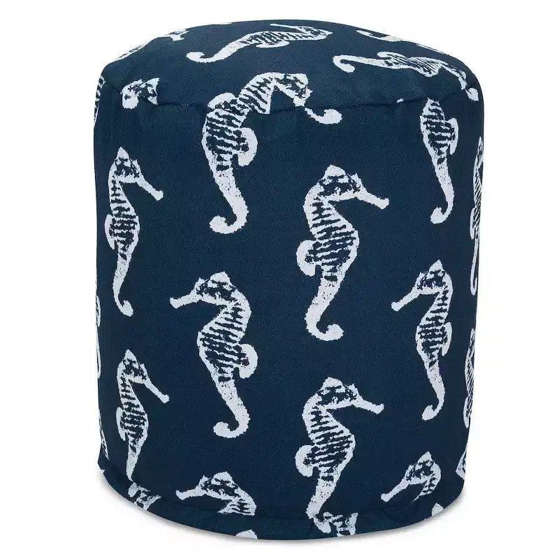 Round Ottoman Pouf – Sea Horse Pattern, 16"x16"x17", Removable Washable Cover