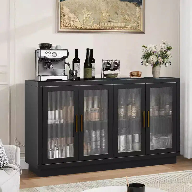 Black Buffet Sideboard Cabinet with 4 Glass Doors – 55.1"W, Adjustable Shelves