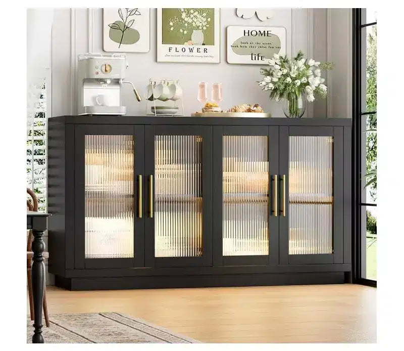 Black Buffet Sideboard Cabinet with 4 Glass Doors – 55.1"W, Adjustable Shelves