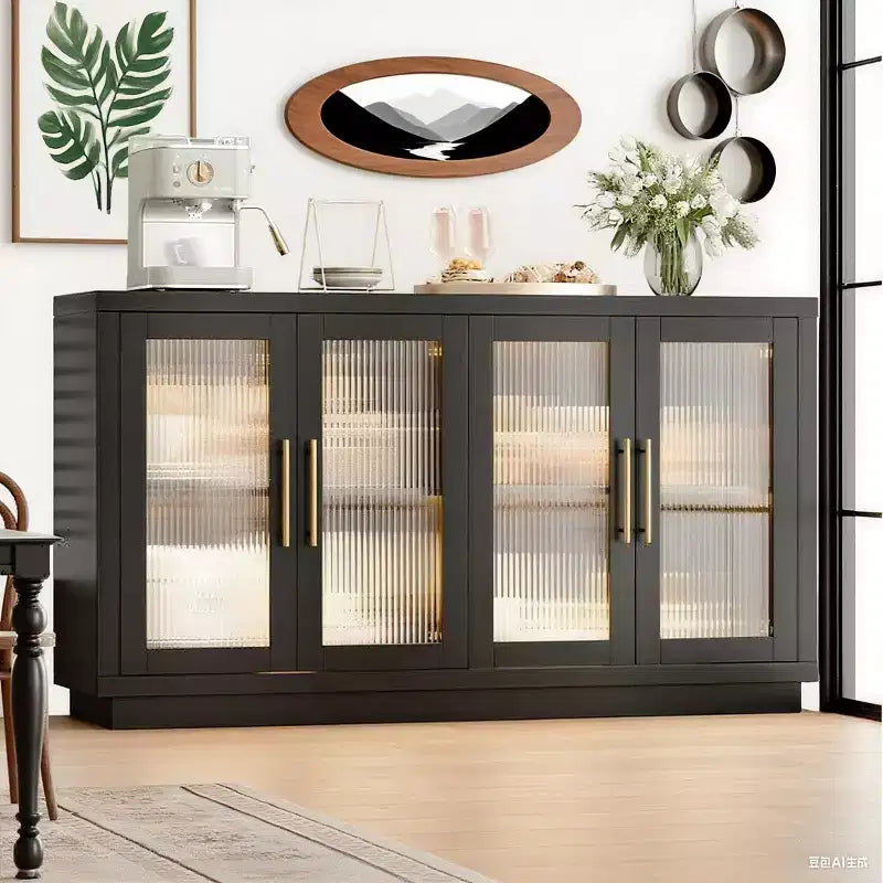 Mobile credenza a buffet nero con 4 ante in vetro – 140 cm, ripiani regolabili