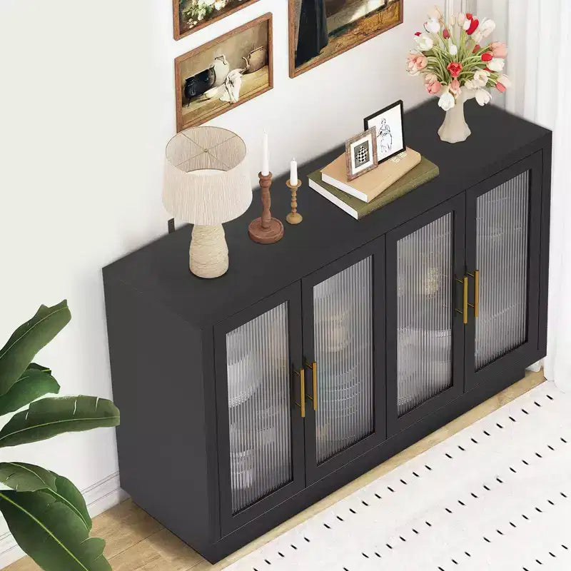 Black Buffet Sideboard Cabinet with 4 Glass Doors – 55.1"W, Adjustable Shelves