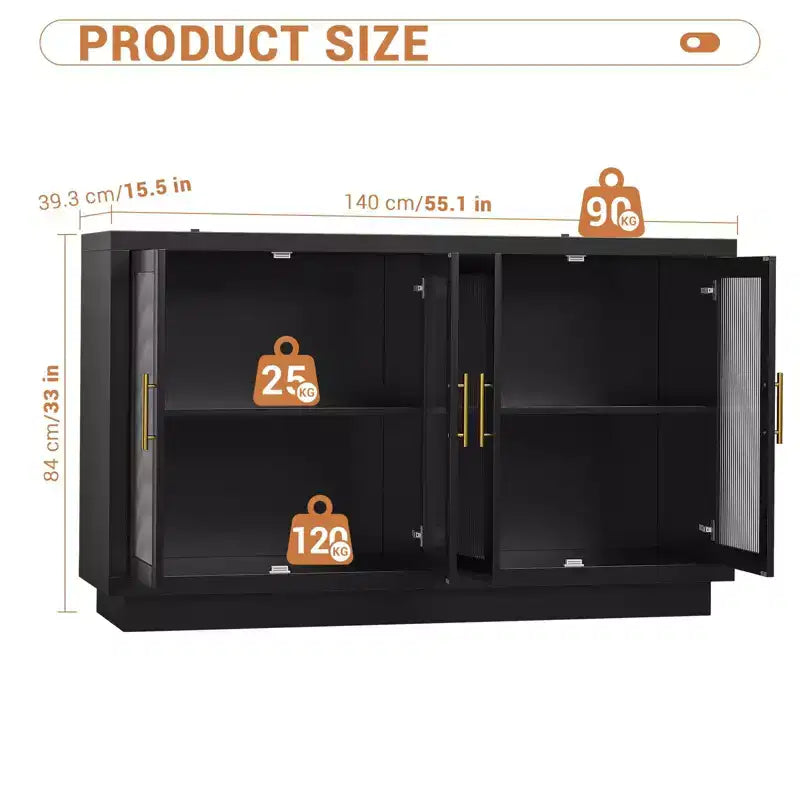 Mobile credenza a buffet nero con 4 ante in vetro – 140 cm, ripiani regolabili