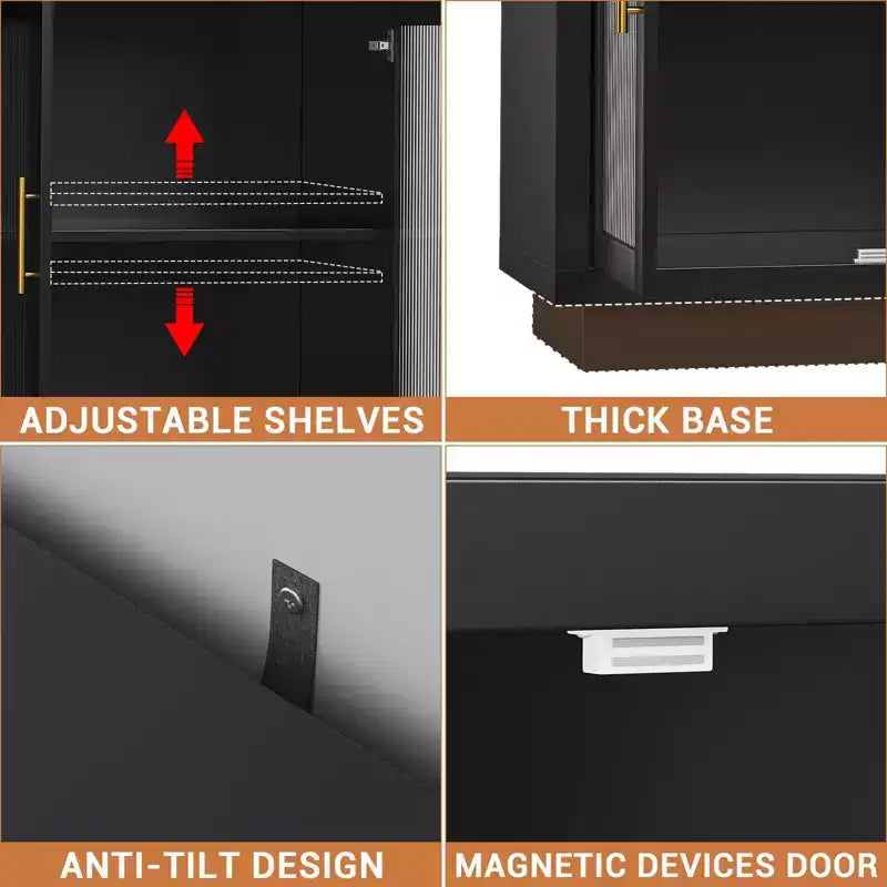 Mobile credenza a buffet nero con 4 ante in vetro – 140 cm, ripiani regolabili