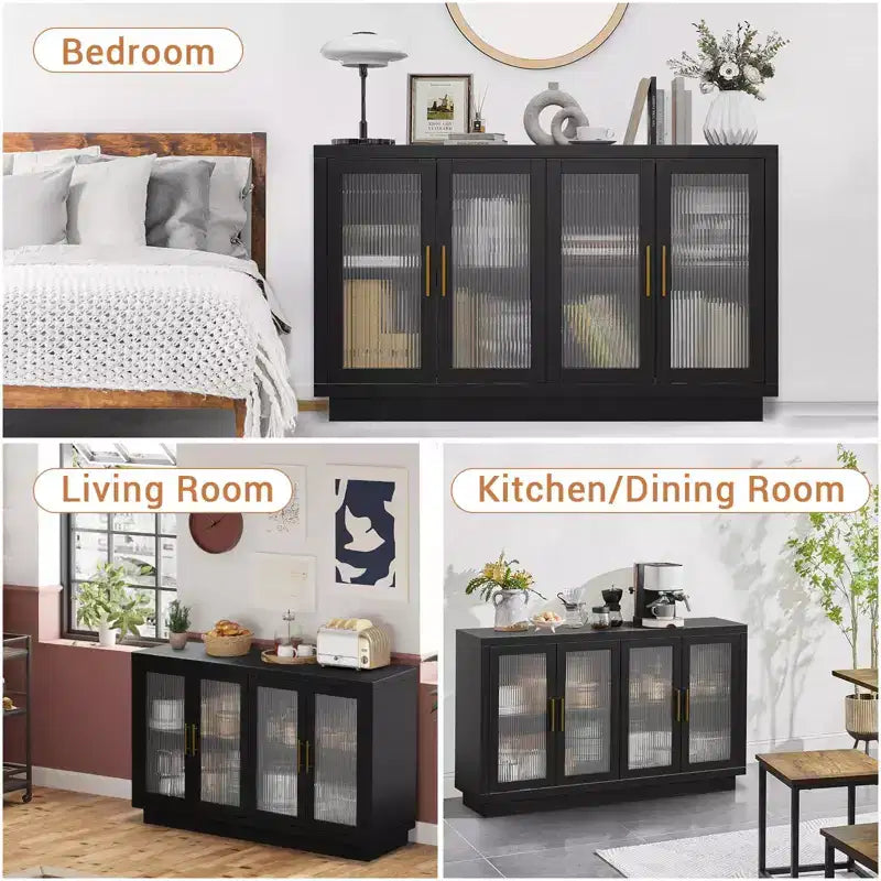Mobile credenza a buffet nero con 4 ante in vetro – 140 cm, ripiani regolabili