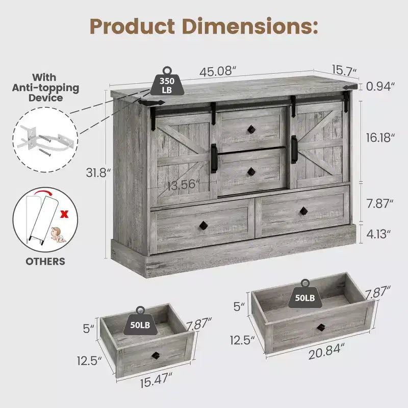 Cassettiera a 4 cassetti con ante scorrevoli a fienile – 114,5 x 39,9 x 80,8 cm (LxPxA), MDF