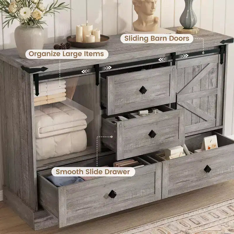 Cassettiera a 4 cassetti con ante scorrevoli a fienile – 114,5 x 39,9 x 80,8 cm (LxPxA), MDF