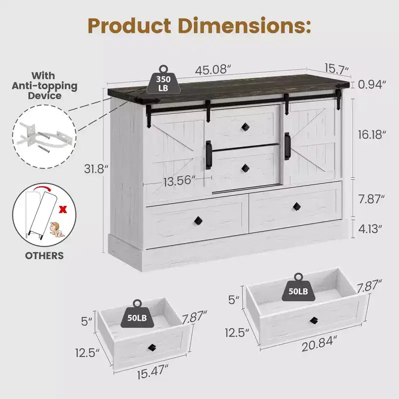Cassettiera a 4 cassetti con ante scorrevoli a fienile – 114,5 x 39,9 x 80,8 cm (LxPxA), MDF