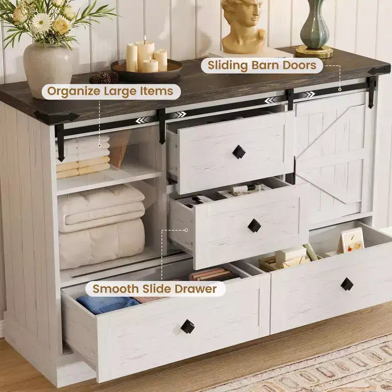 4-Drawer Dresser with Sliding Barn Doors – 45.1"Wx15.7"Dx31.8"H, MDF