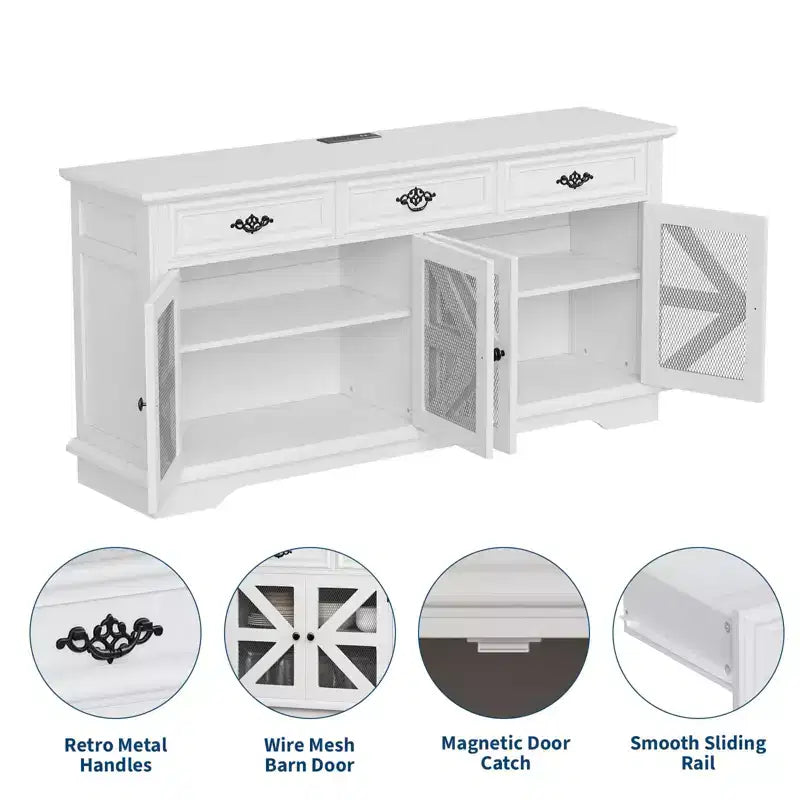 Credenza da fattoria da 63" con stazione di ricarica – 3 cassetti, 4 ante, ripiani regolabili
