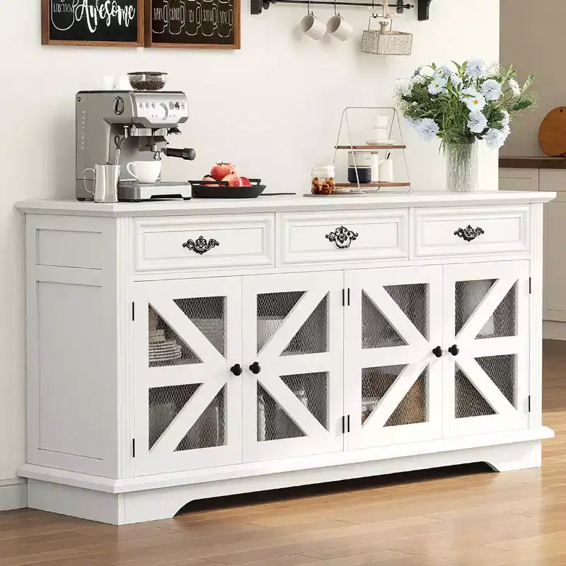 Credenza da fattoria da 63" con stazione di ricarica – 3 cassetti, 4 ante, ripiani regolabili
