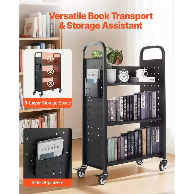 Carrello Libreria Rotante a 3 Ripiani – Acciaio al Carbonio, Capacità 150 kg, 77x38x122 cm, Ruote Bloccabili