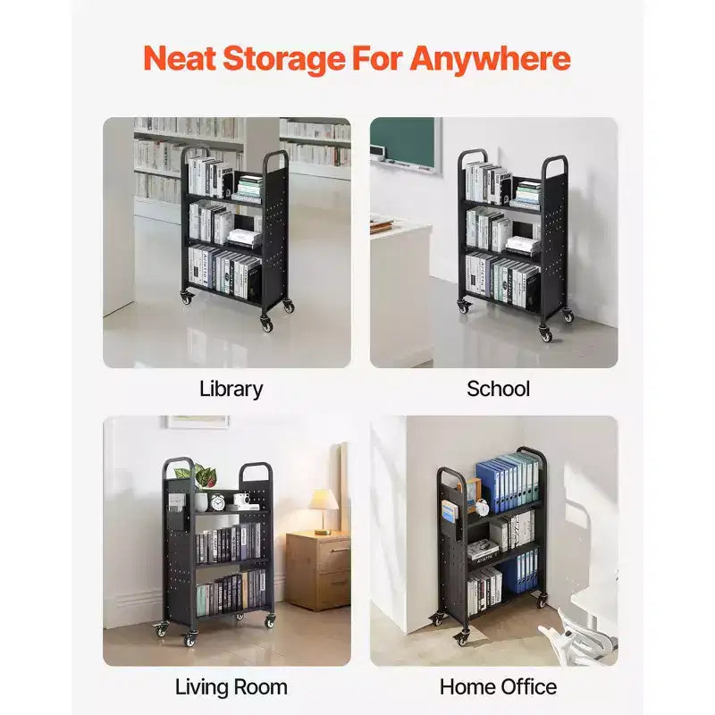 Carrello Libreria Rotante a 3 Ripiani – Acciaio al Carbonio, Capacità 150 kg, 77x38x122 cm, Ruote Bloccabili