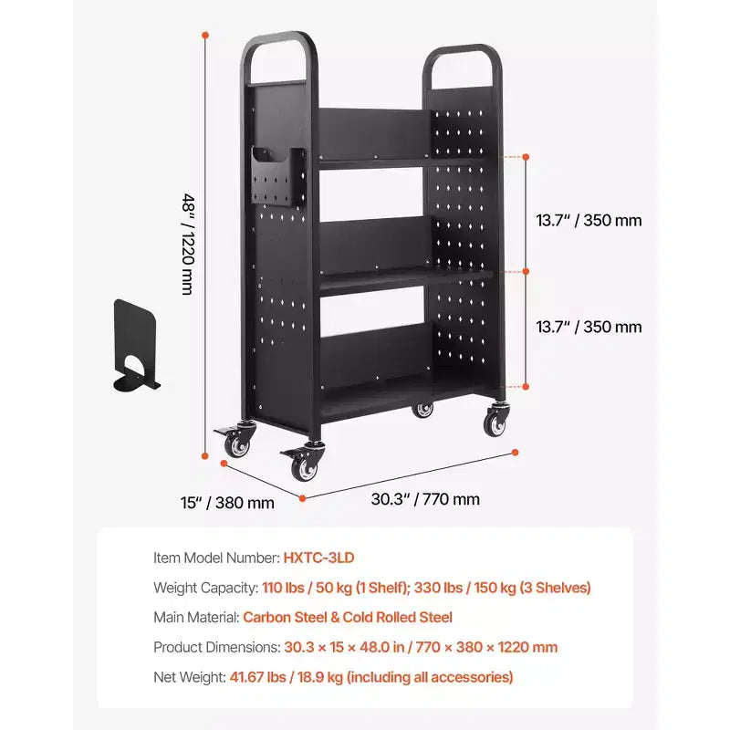 Carrello Libreria Rotante a 3 Ripiani – Acciaio al Carbonio, Capacità 150 kg, 77x38x122 cm, Ruote Bloccabili