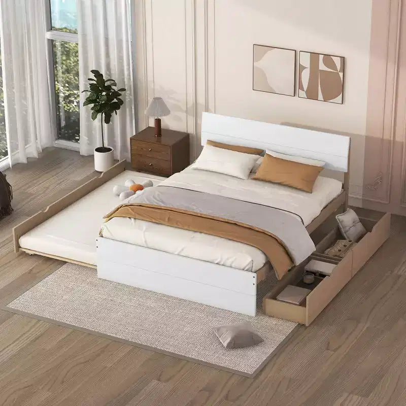 Full Size Platform Bed Frame with Twin Trundle and 2 Storage Drawers, White and Oak